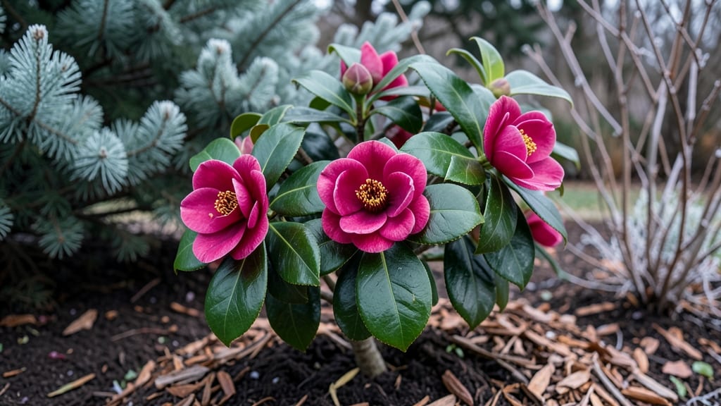 Camellia Bush Bloom in Winter: Frost-Defying Fragrance That Reblooms Yearly